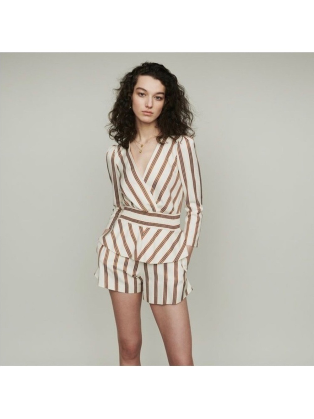 Maje Striped V-Neck Long Sleeve Romper in Cream and Brown